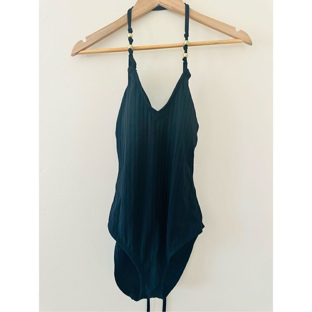 🌸 Shade and Shore Black One Piece Ribbed Swimsuit With Beaded Straps Size Small - Picture 3 of 5